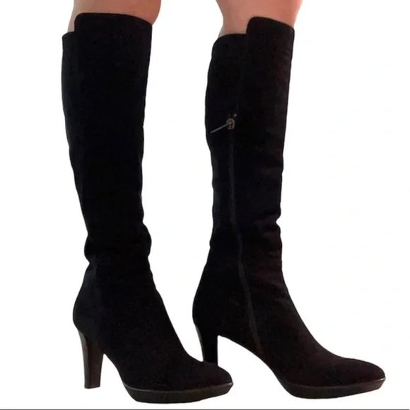 Aquatalia Shoes - Aquatalia Raine Vera Gomma Black Suede Heel Leather Boots Size 7.5